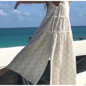 JAASE White Floral Tiered Wide Leg Jumpsuit Boho Ruffle V-Neck Sleeveless Large